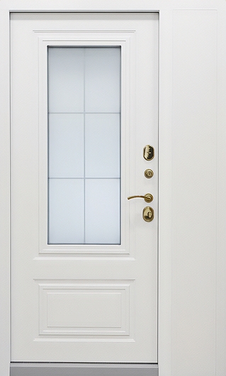Входная белая термодверь с боковой вставкой, стеклом, карнизом и металлобагетом (полимерная покраска и МДФ RAL) Входная белая термодверь с боковой вставкой, стеклом, карнизом и металлобагетом (полимерная покраска и МДФ RAL)