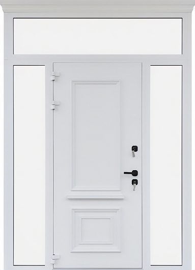 Остекленная входная группа с терморазрывом, карнизом и металлобагетом (белая порошковая покраска) Остекленная входная группа с терморазрывом, карнизом и металлобагетом (белая порошковая покраска)