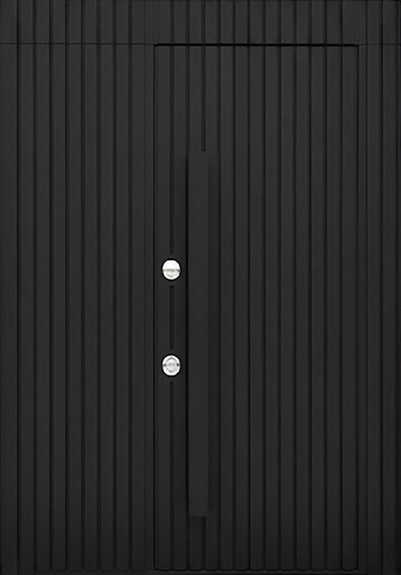 Стальная термодверь с боковым расширением, скрытыми петлями, бугельной ручкой (черный МДФ RAL с рейками) Стальная термодверь с боковым расширением, скрытыми петлями, бугельной ручкой (черный МДФ RAL с рейками)