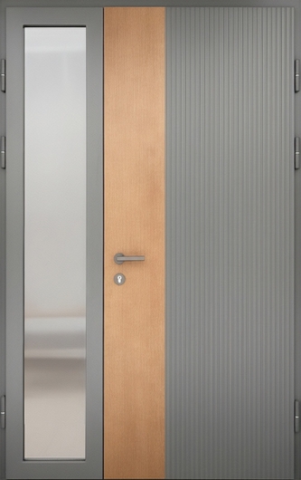 Полуторная стальная термодверь со стеклом сбоку и комбинированной отделкой МДФ серого цвета Полуторная стальная термодверь со стеклом сбоку и комбинированной отделкой МДФ серого цвета