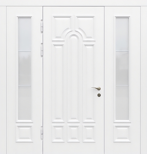 Металлическая уличная термодверь с боковыми остекленными вставками и панелями МДФ белого цвета с багетом Металлическая уличная термодверь с боковыми остекленными вставками и панелями МДФ белого цвета с багетом