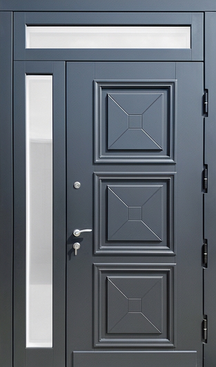 Входная термодверь с остеклением сбоку и сверху и панелями МДФ с багетом серого цвета Входная термодверь с остеклением сбоку и сверху и панелями МДФ с багетом серого цвета