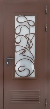 Стальная коричневая дверь для котельной с большим стеклом, вентиляцией и решеткой