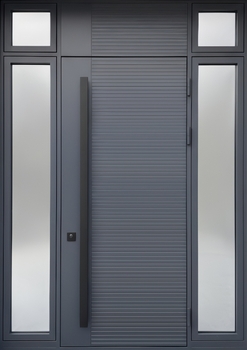 Современная входная группа с остеклением, бугельной ручкой и панелями МДФ RAL графит и ПВХ