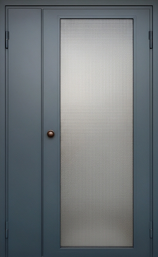 Полуторная подъездная дверь с большим армированным стеклом и полимерной покраской